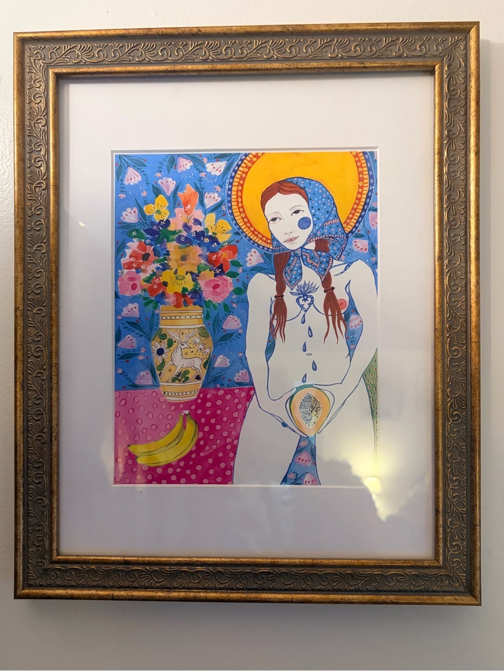 Colorful Folk Art Print - Blue, Yellow, Pink